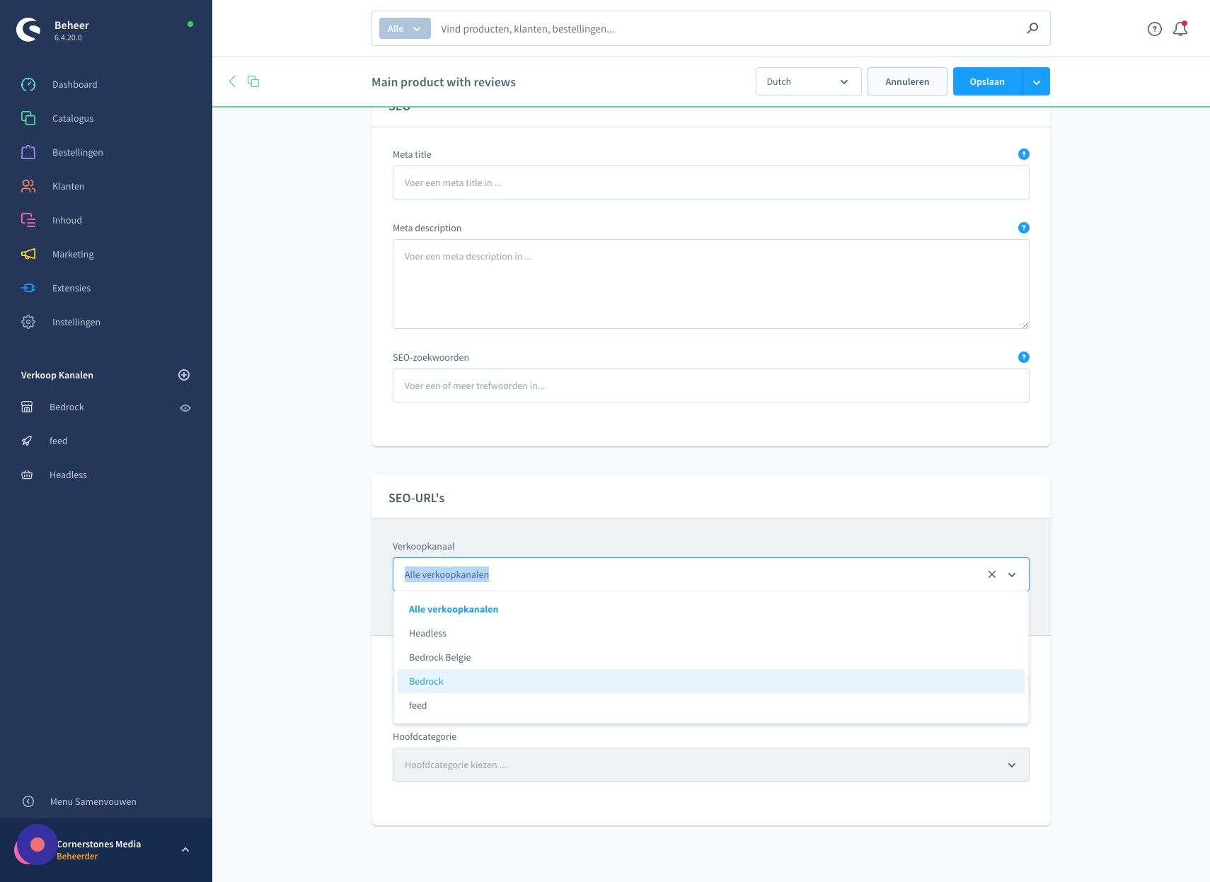 Screenshot of: Selecteer gewenste Shop (verkoopkanaal)