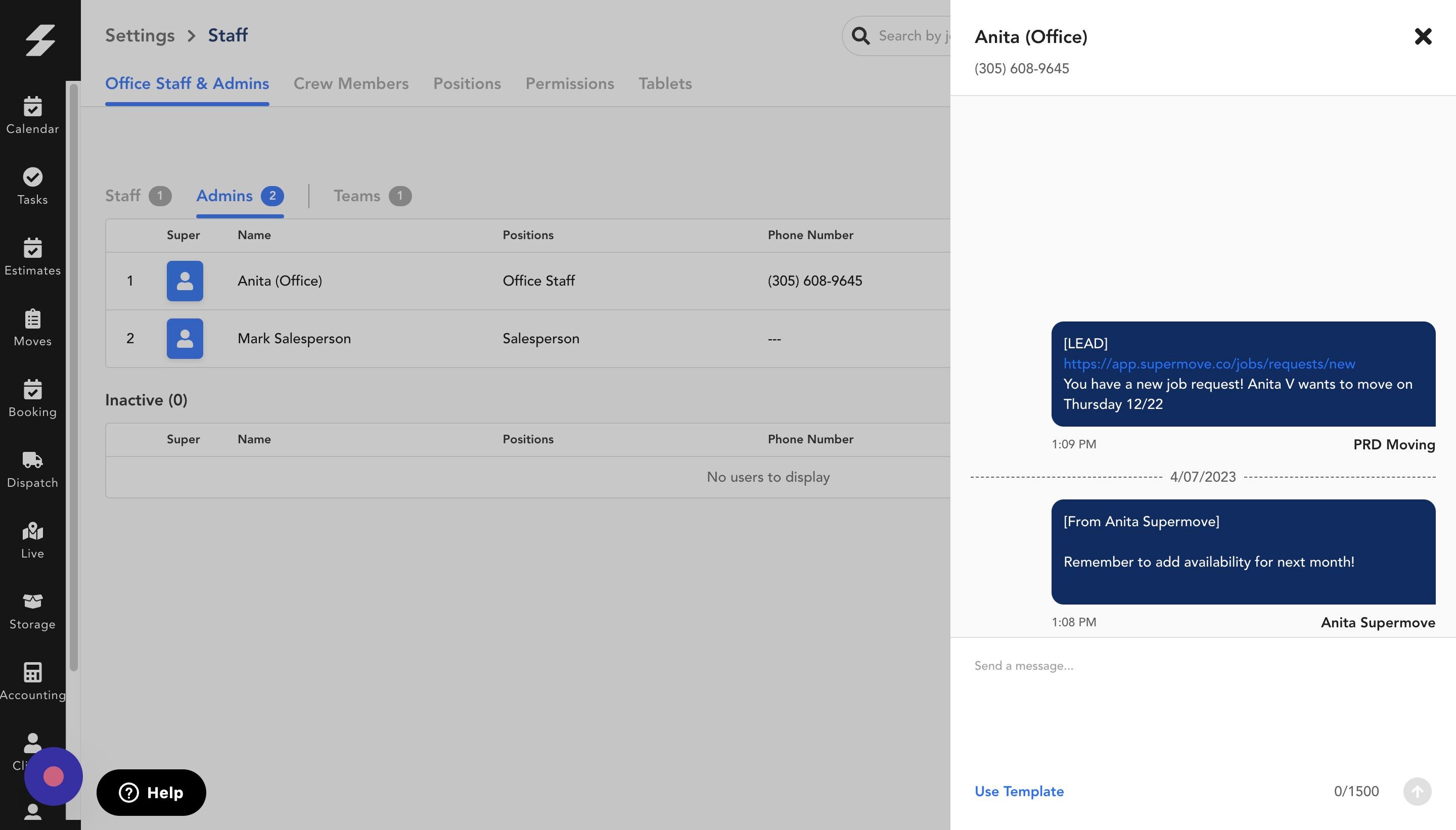 Screenshot of: If you prefer, you may click "Use Template" to insert an SMS template.

Note: Only SMS templates of type 'Mover', 'Office' or 'Other' will be displayed under internal messaging.