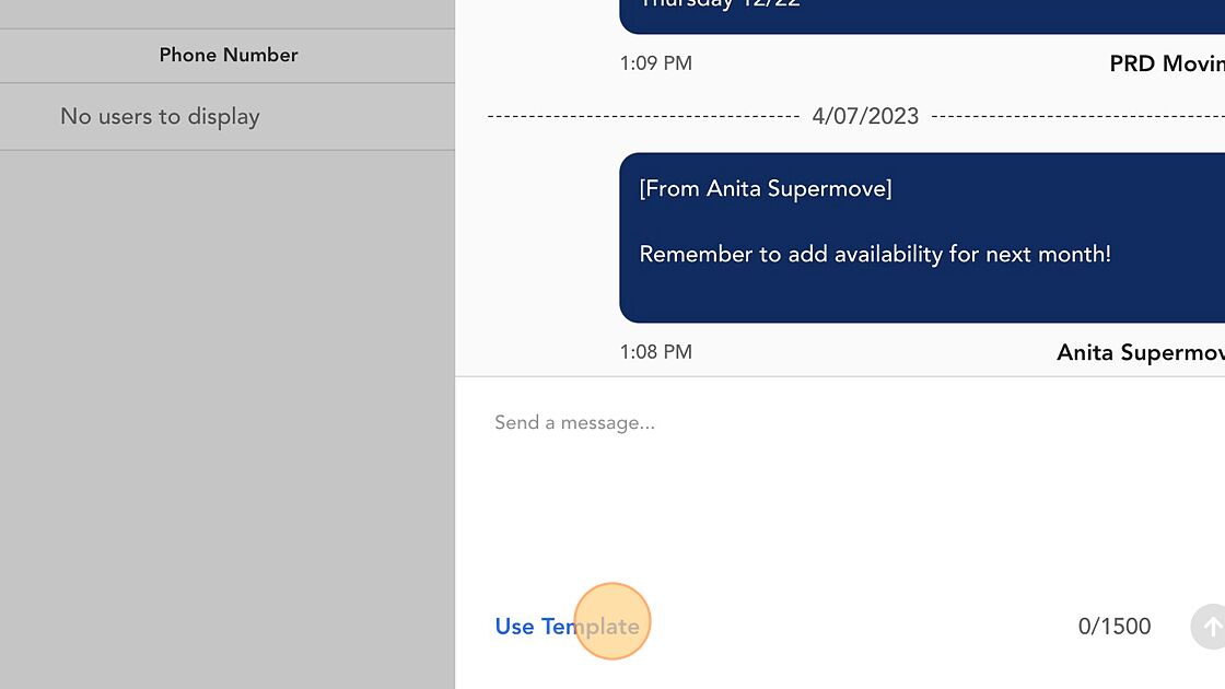 Screenshot of: If you prefer, you may click "Use Template" to insert an SMS template.

Note: Only SMS templates of type 'Mover', 'Office' or 'Other' will be displayed under internal messaging.