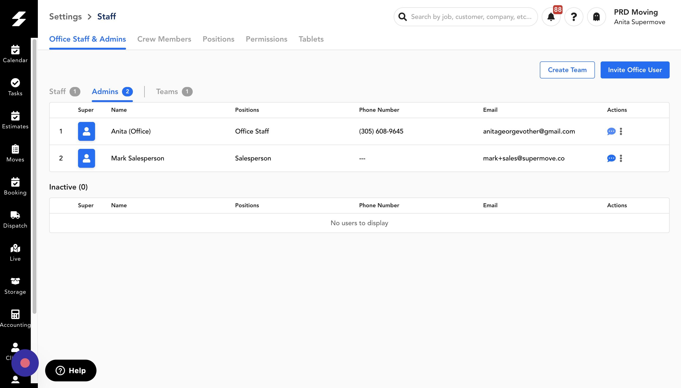 Screenshot of: Click the Chat icon against any user or team.