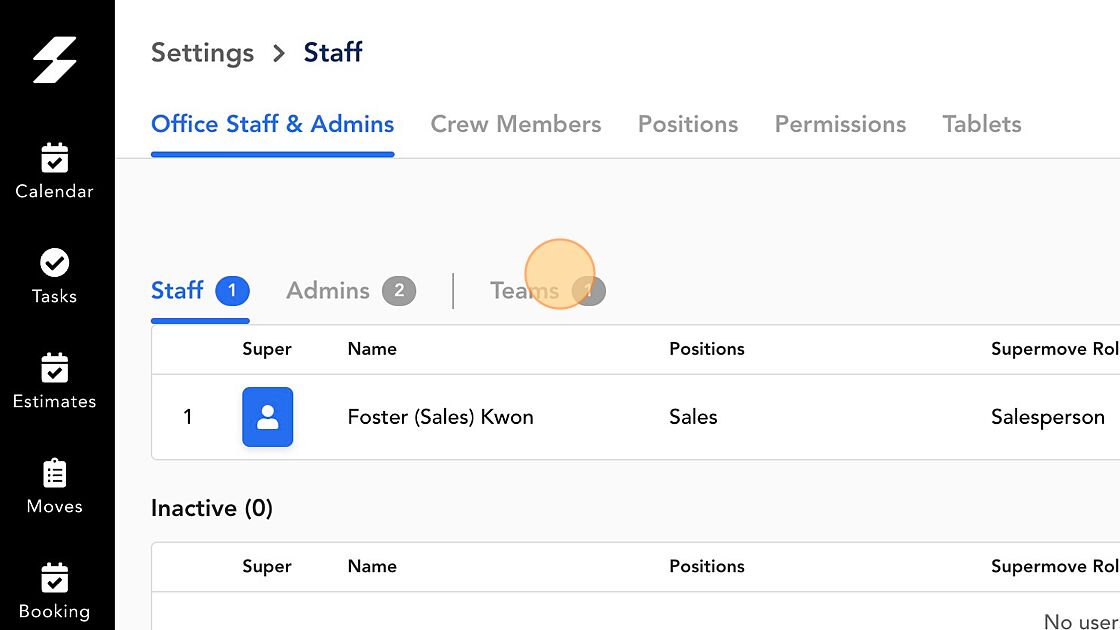 Screenshot of: Click on 'Teams' (either under 'Office Staff & Admins' or 'Crew Members'.