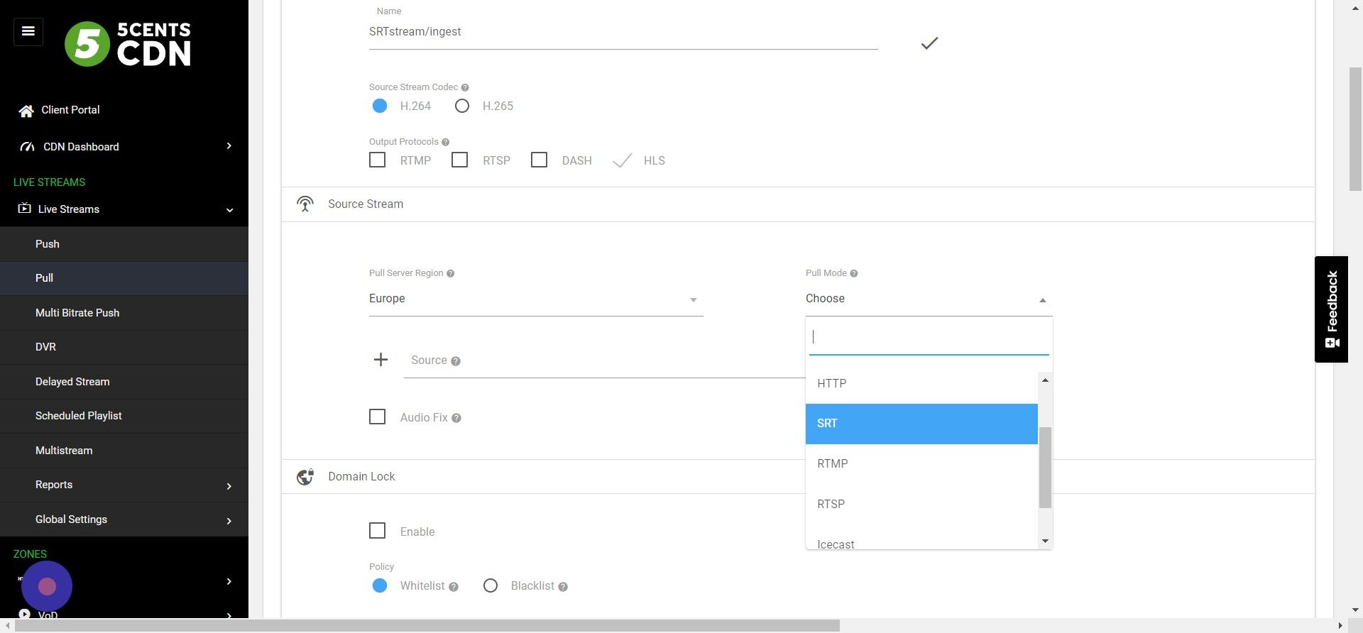 Screenshot of: In Pull Mode, Choose SRT