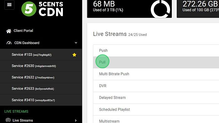 Screenshot of: Go to Dashboard and click Live Streams>Pull” width=”560″ /></p>
<p class=
