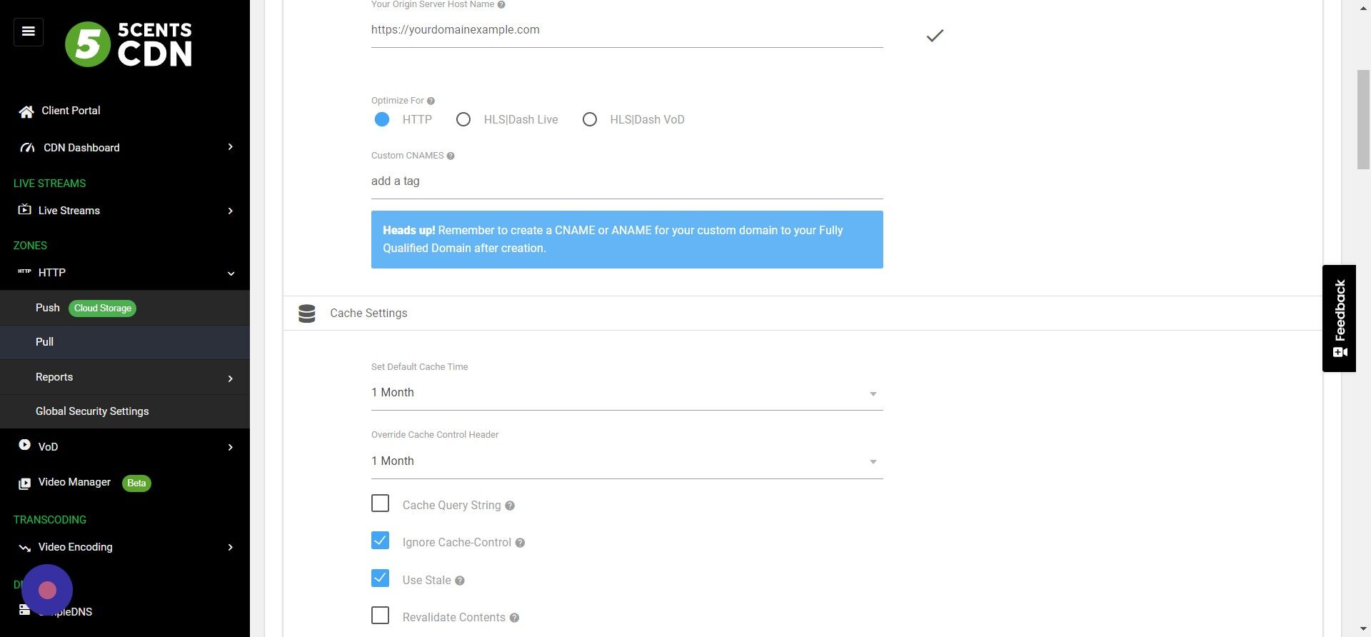 Screenshot of: You can add custom CNAMES here