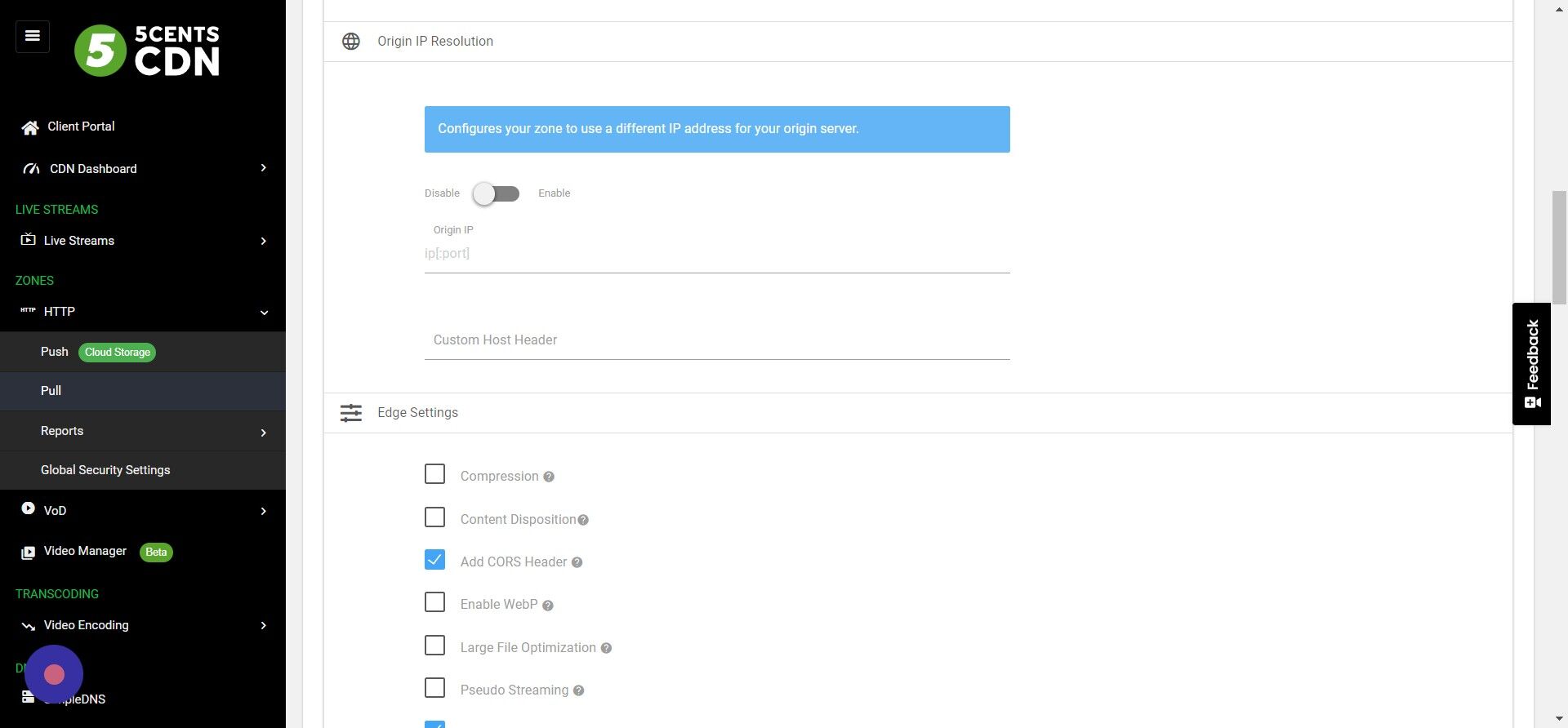 Screenshot of: For Whole Site Acceleration, you can enable this option and add your origin server IP address and Custom Host Header