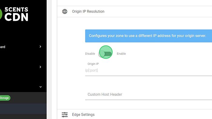 Screenshot of: For Whole Site Acceleration, you can enable this option and add your origin server IP address and Custom Host Header