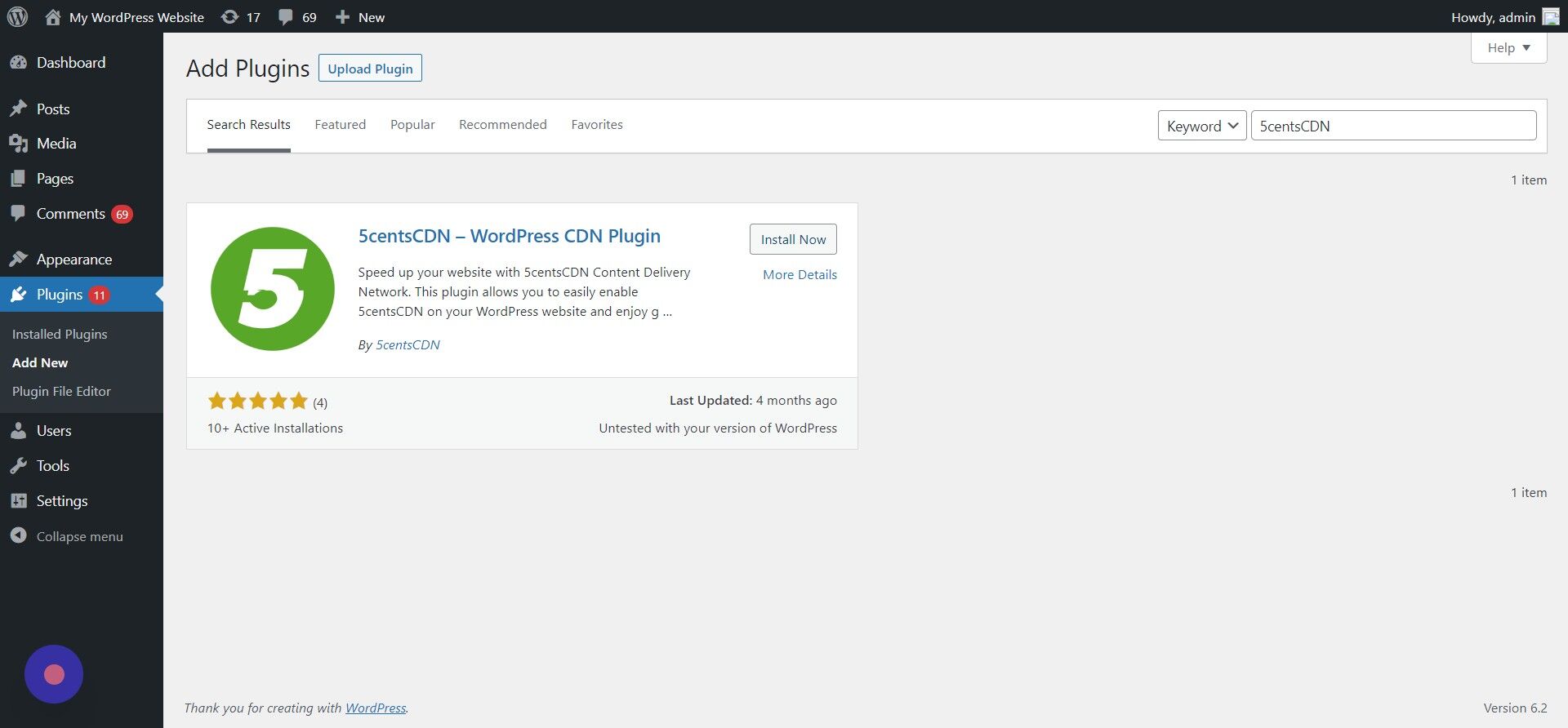Screenshot of: Install 5centsCDN-WordPress CDN Plugin
