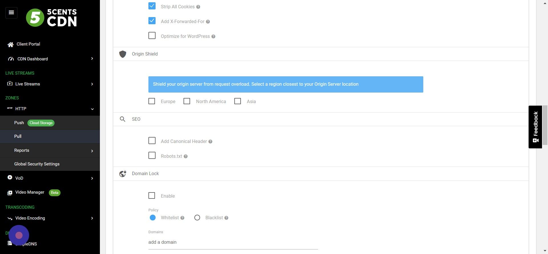 Screenshot of: Choose the nearest Shield server to your origin server