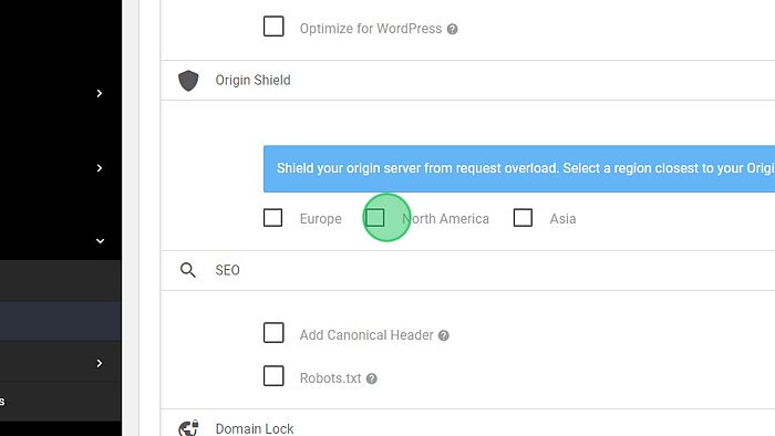 Screenshot of: Choose the nearest Shield server to your origin server