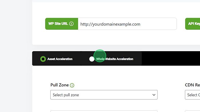 Screenshot of: You can choose the appropriate acceleration type. Asset Acceleration or Whole Website Acceleration. If you are looking for Whole Website Acceleration, you need to do the necessary changes to the pull zone. Click here
