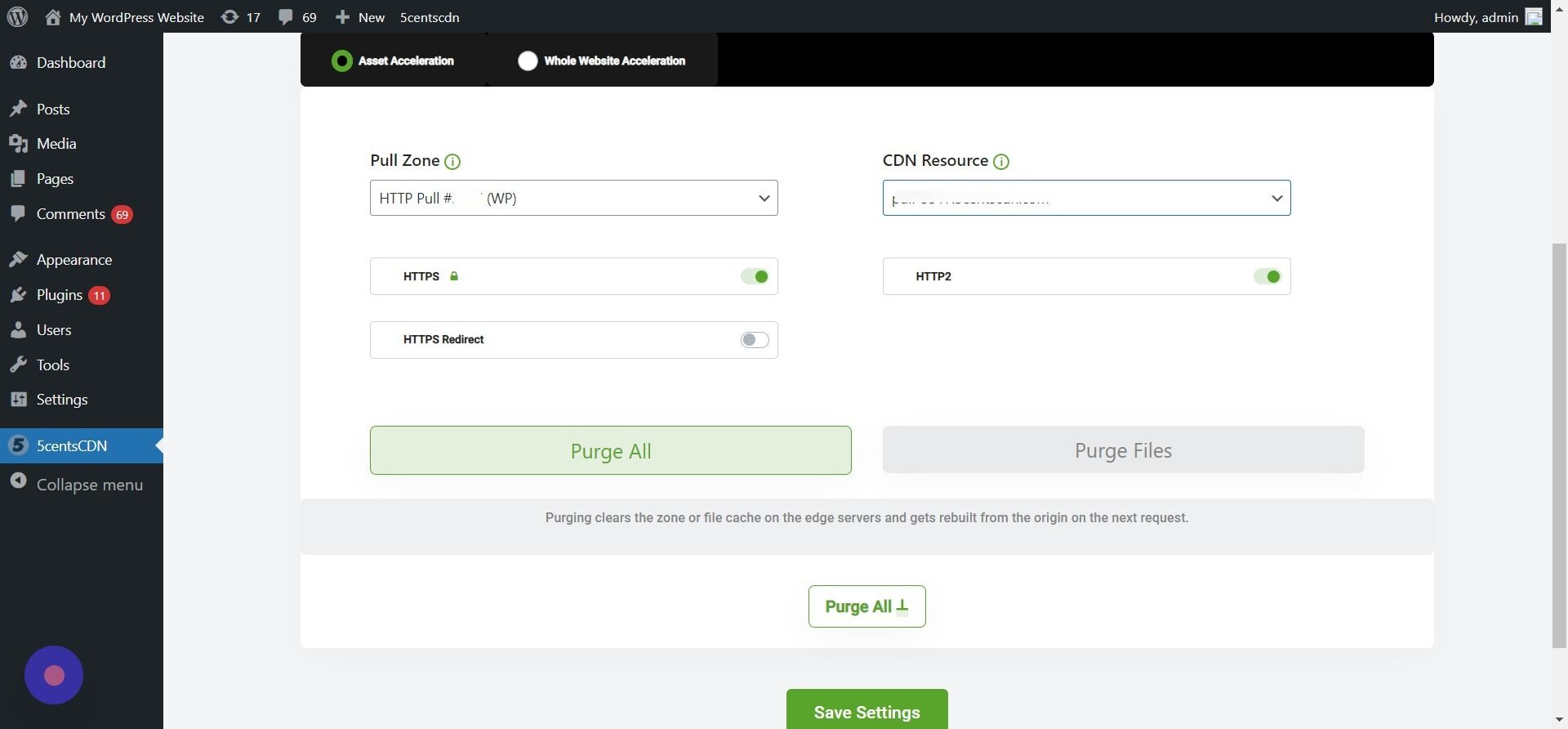 Screenshot of: You can configure the HTTPS option. If its already configured in 5centsCDN, then you can see its enabled here.
