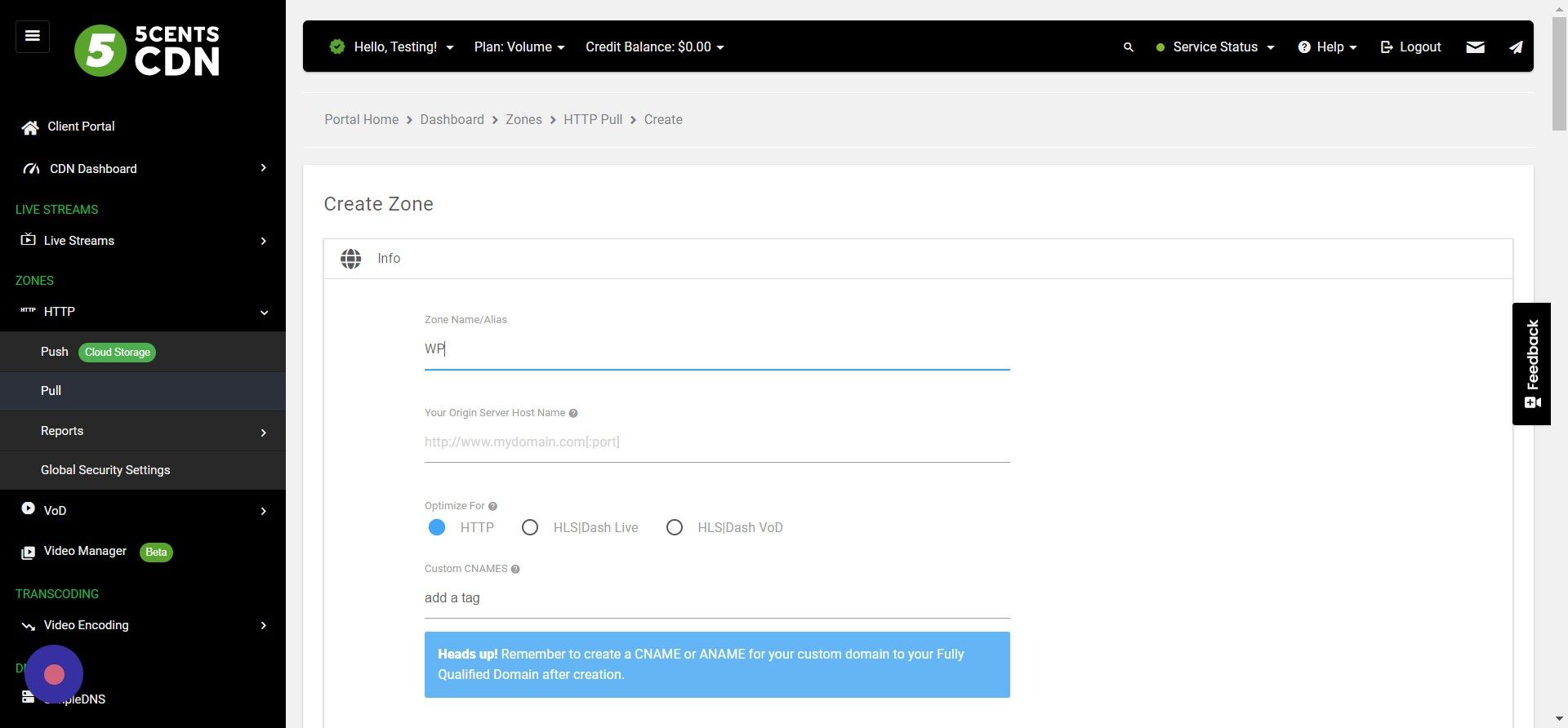 Screenshot of: Provide Your Origin Server Host Name