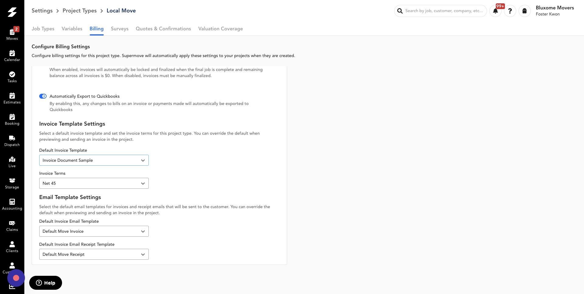 Screenshot of: Under "Default Invoice Template" Select the template you want to set for that project type