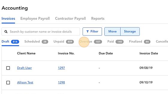 Screenshot of: Search for invoices or navigate across invoices by Status