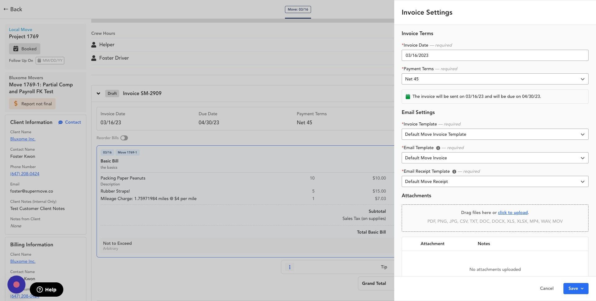 Screenshot of: Note: The Invoice template set in Project Type > Billing > "Default Invoice Template" should be pre-selected