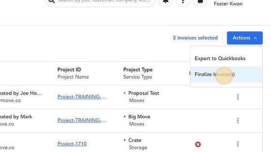 Screenshot of: Select the bulk action you want to perform.
Note: Export to QuickBooks requires the accounting integration to be setup. Finalize invoices can only be performed on "Paid" invoices