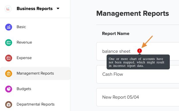 Screenshot of: Note: do not proceed if any management reports you wish to export have red error messages. The reports will be incorrect until the necessary mapping changes have been completed and the errors are resolved.                                               
                                                                                                                                                      Please contact your account manager or email support@docyt.com if you have questions about this step. 