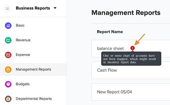 Screenshot of: Note: do not proceed if any management reports you wish to export have red error messages. The reports will be incorrect until the necessary mapping changes have been completed and the errors are resolved.                                               
                                                                                                                                                      Please contact your account manager or email support@docyt.com if you have questions about this step.