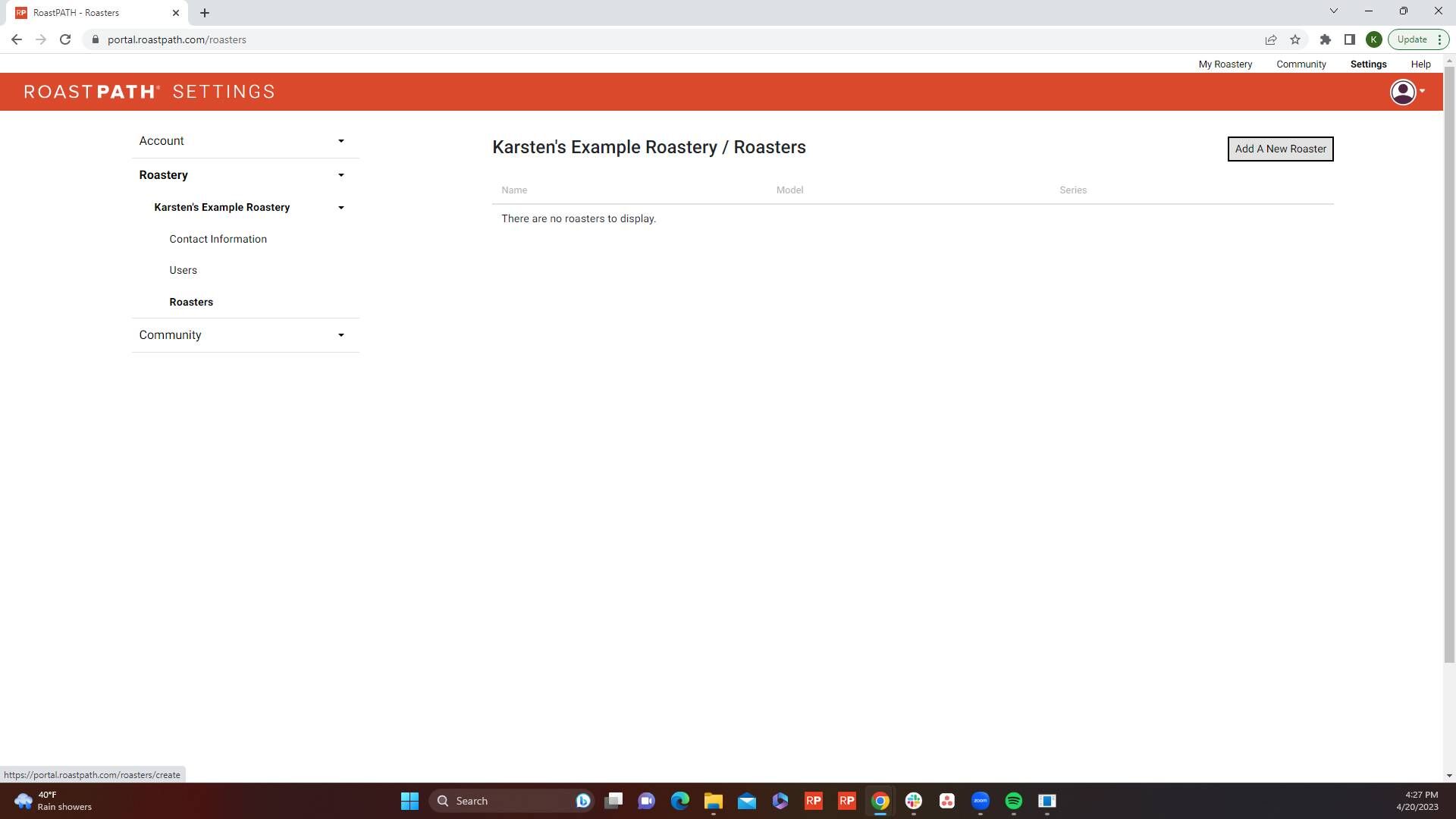 Screenshot of: Click "Add A New Roaster"
