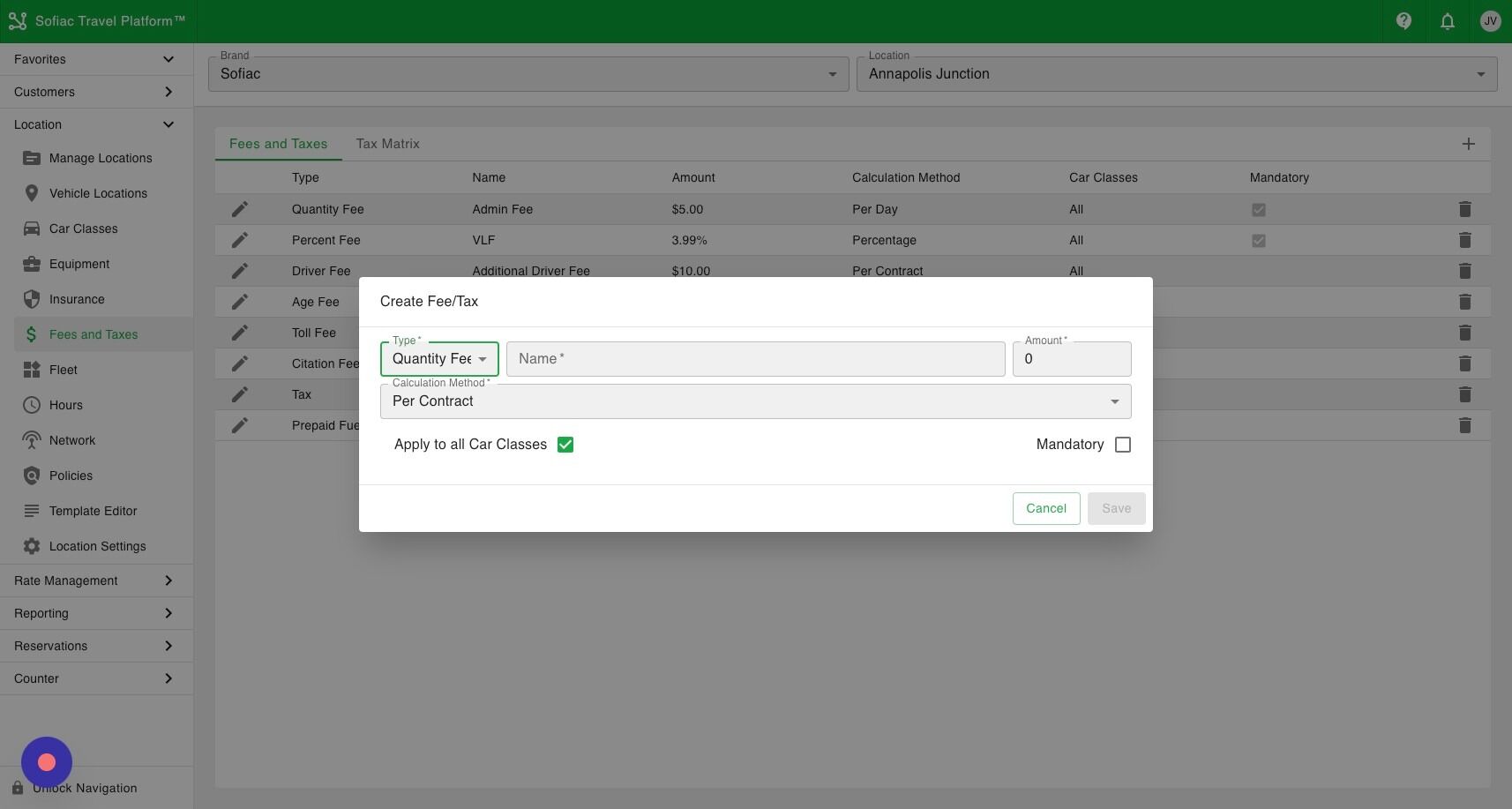 Screenshot of: Select the type dropdown to pick the fee type.