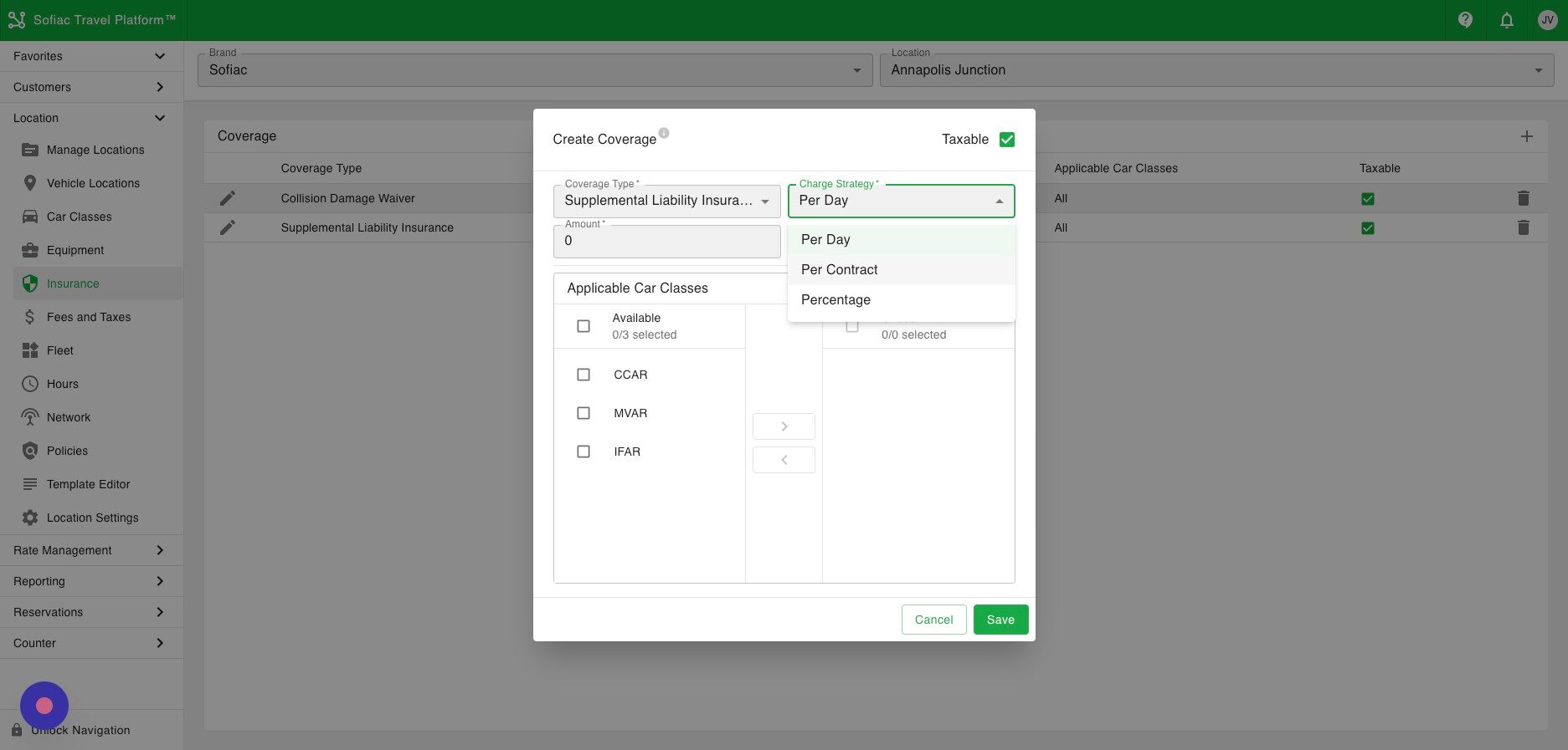Screenshot of: Adjust the charging strategy to be Per Day, Per Contract, or a Percentage