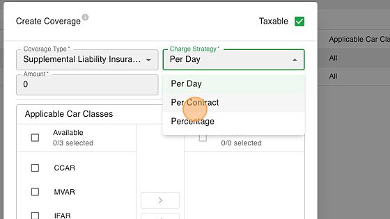 Screenshot of: Adjust the charging strategy to be Per Day, Per Contract, or a Percentage