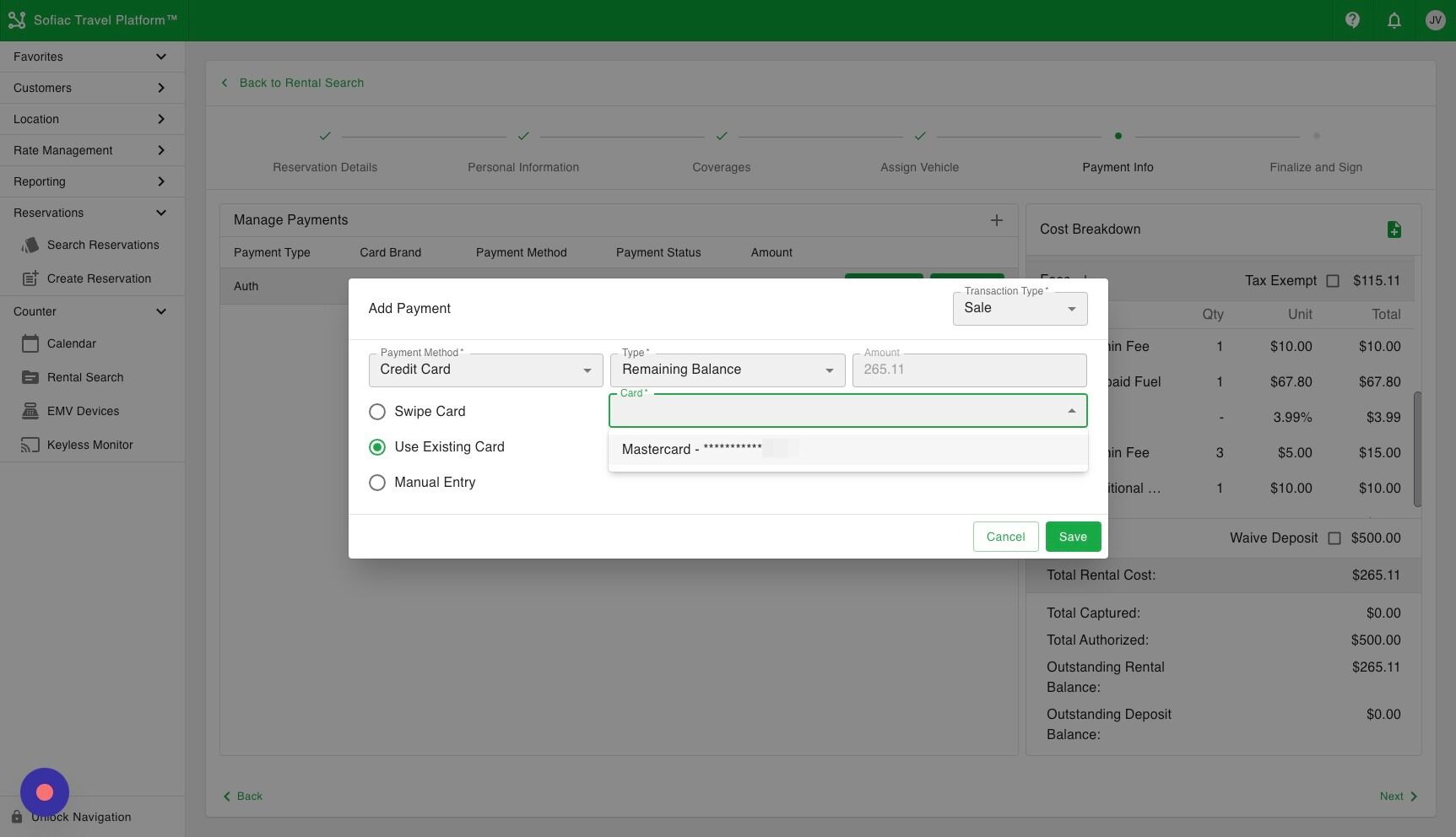 Screenshot of: We will select their card and the rest of the fields are already selected to process the balance as a sale. Once we select the card and click save it will charge the card.