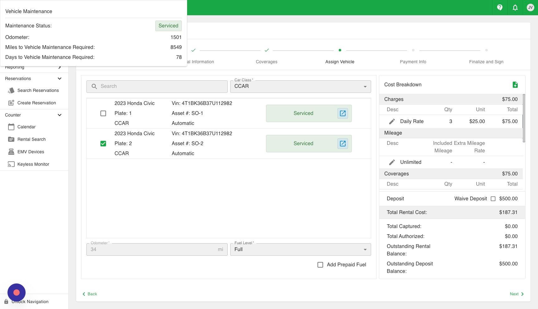 Screenshot of: On this step you have the option to add prepaid fuel to the contract if the customer wants to add it.