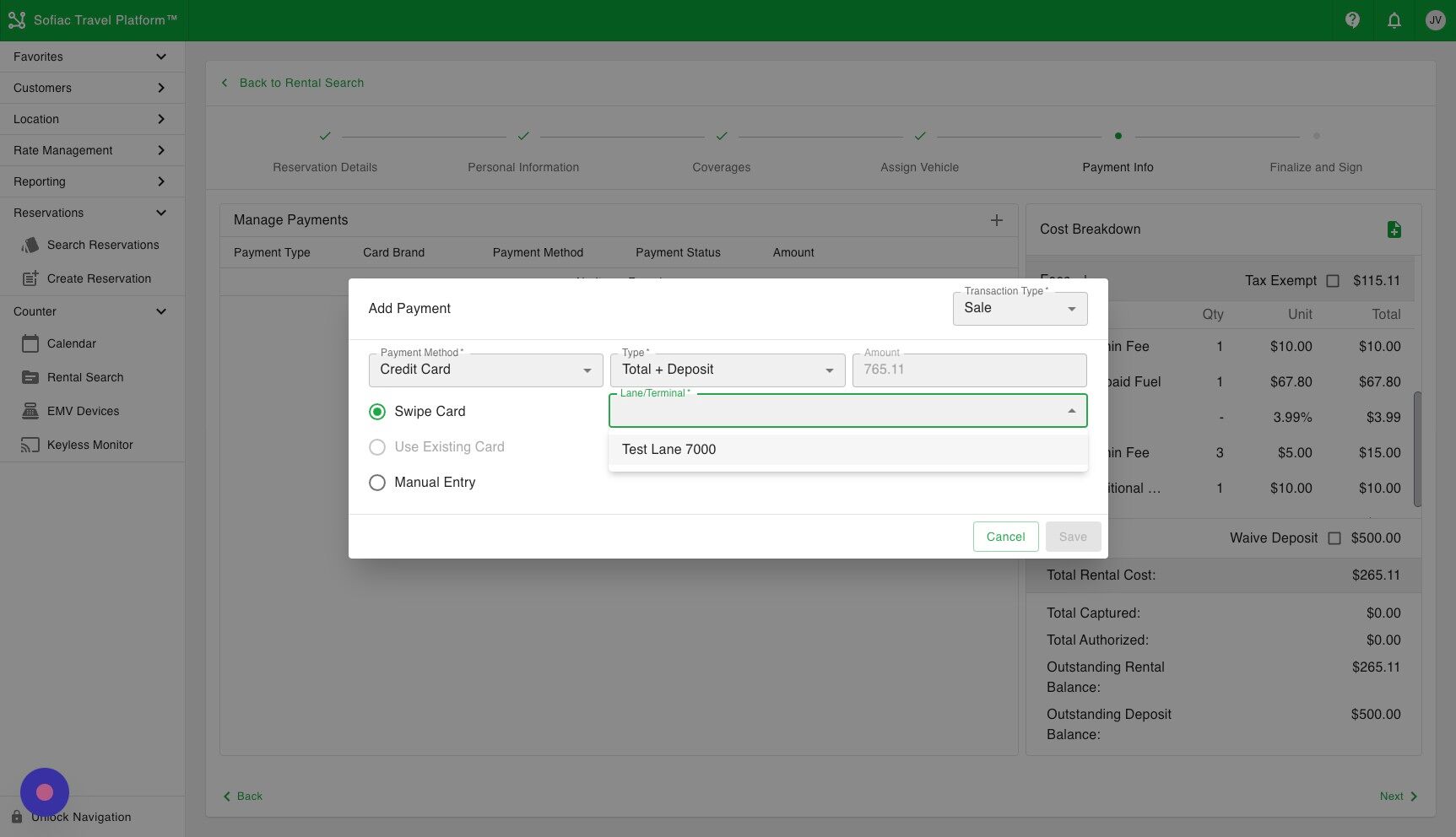 Screenshot of: In the screen that opens you can adjust the terminal device to charge if you are processing payment in person or you can use an existing card on file if the card was tokenized or add a manual keyed in entry.