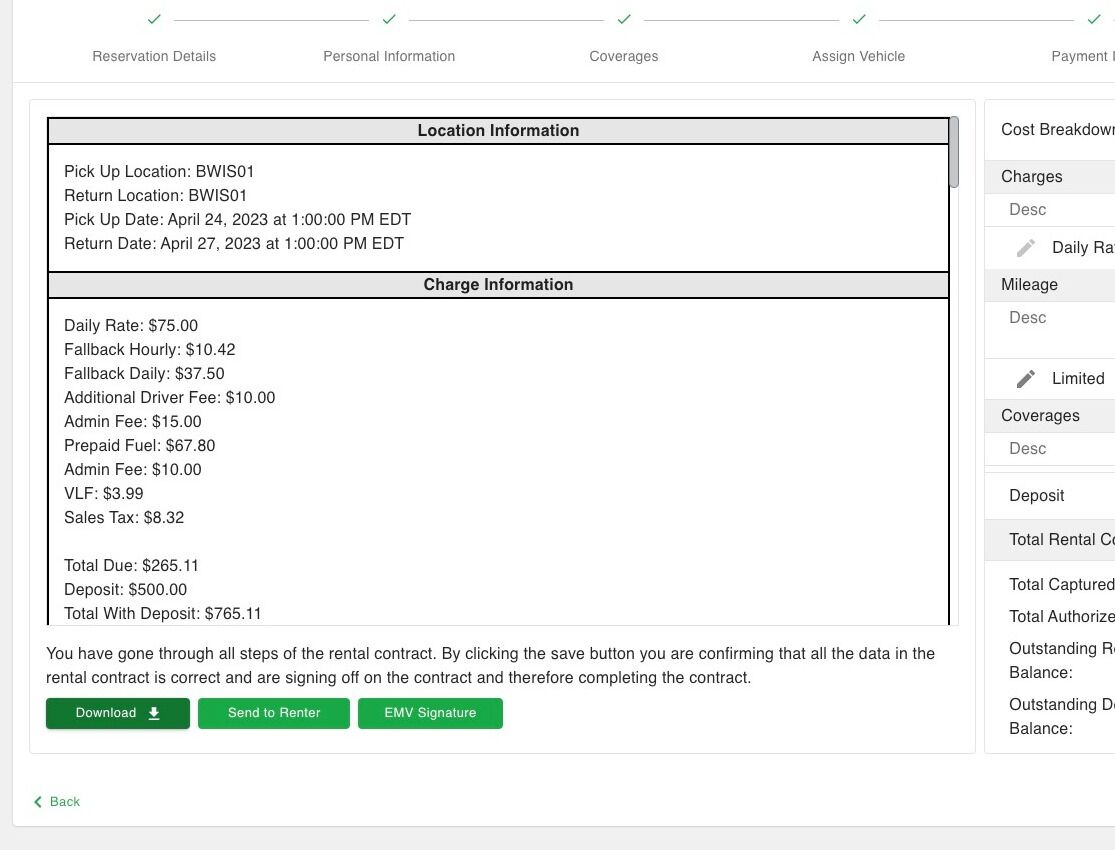 Screenshot of: The last screen is to get the customers signature. The Travel Platform has several ways to collect signature, we will be going with the simplest which is to download the contract and print it for the customer to sign.
