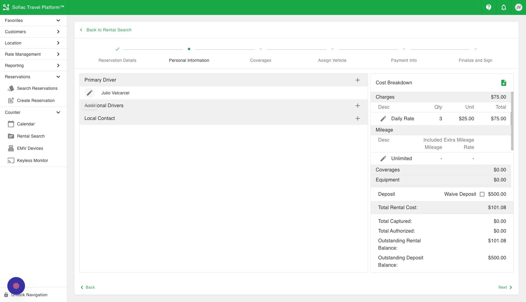 Screenshot of: On the next page you will see the primary driver is already filled in from the reservation. Open the driver to view and confirm their details.