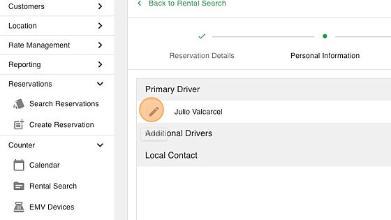 Screenshot of: On the next page you will see the primary driver is already filled in from the reservation. Open the driver to view and confirm their details.