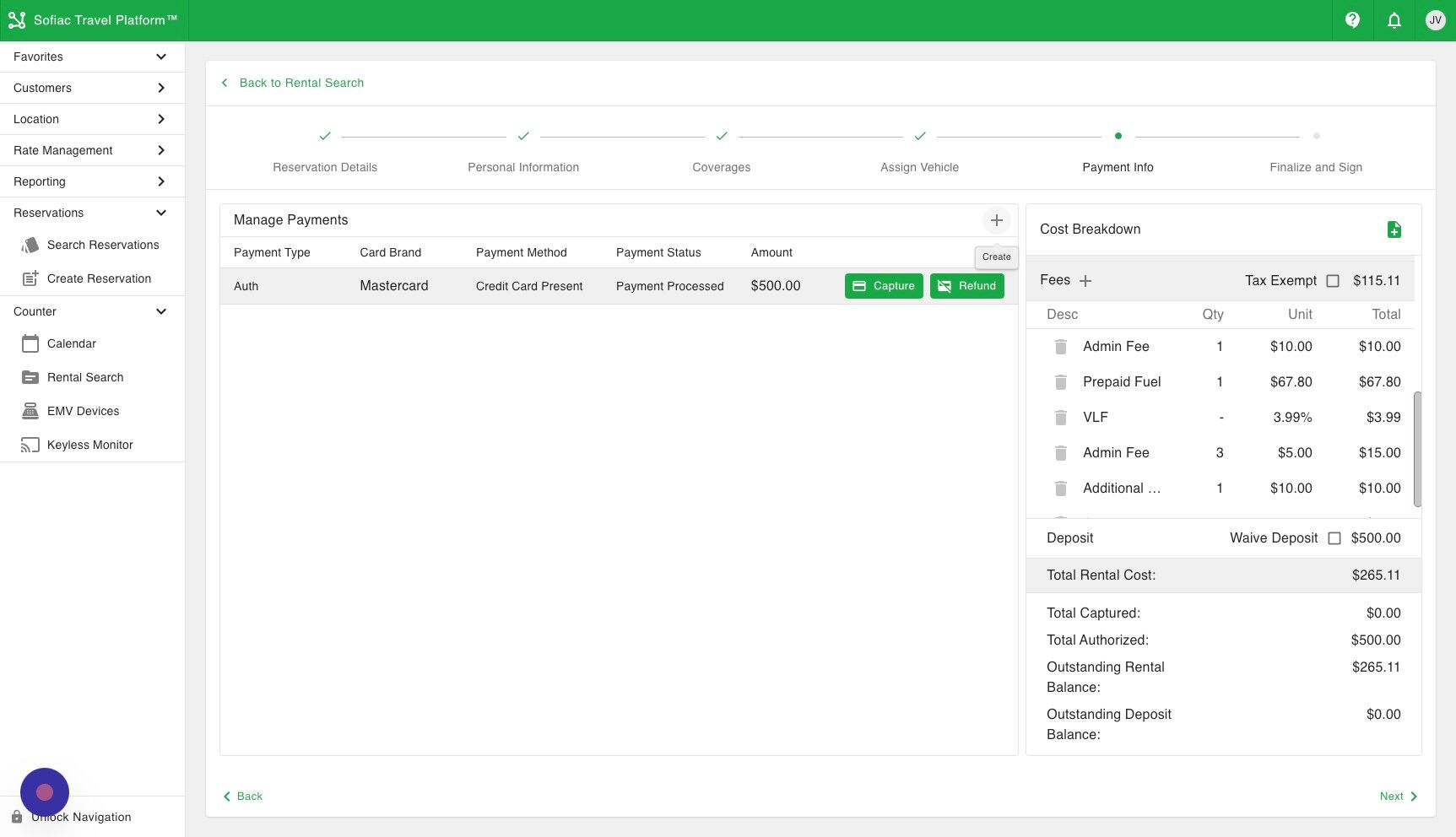Screenshot of: Once the authorization is collected we will click create again to collect the total amount as a sale.