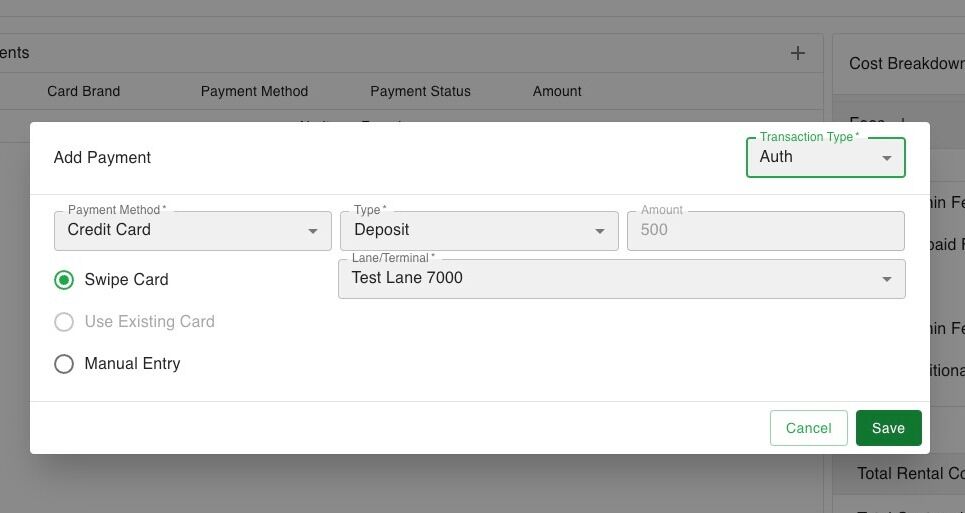 Screenshot of: In this example we are collecting the deposit as an authorization first. After clicking save it will prompt the customer to follow the prompts on the terminal.