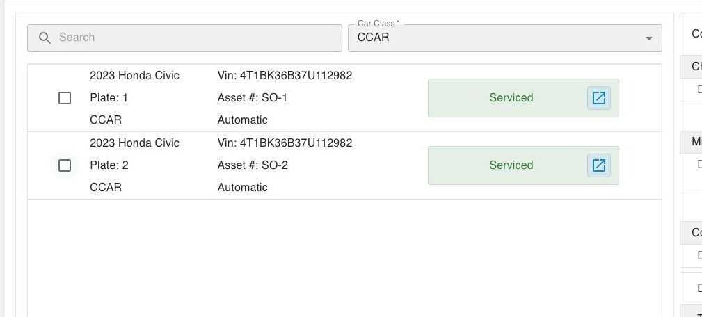 Screenshot of: You can pick from all vehicles available at the location, you can adjust the car class dropdown if you need to assign a vehicle from a different class.