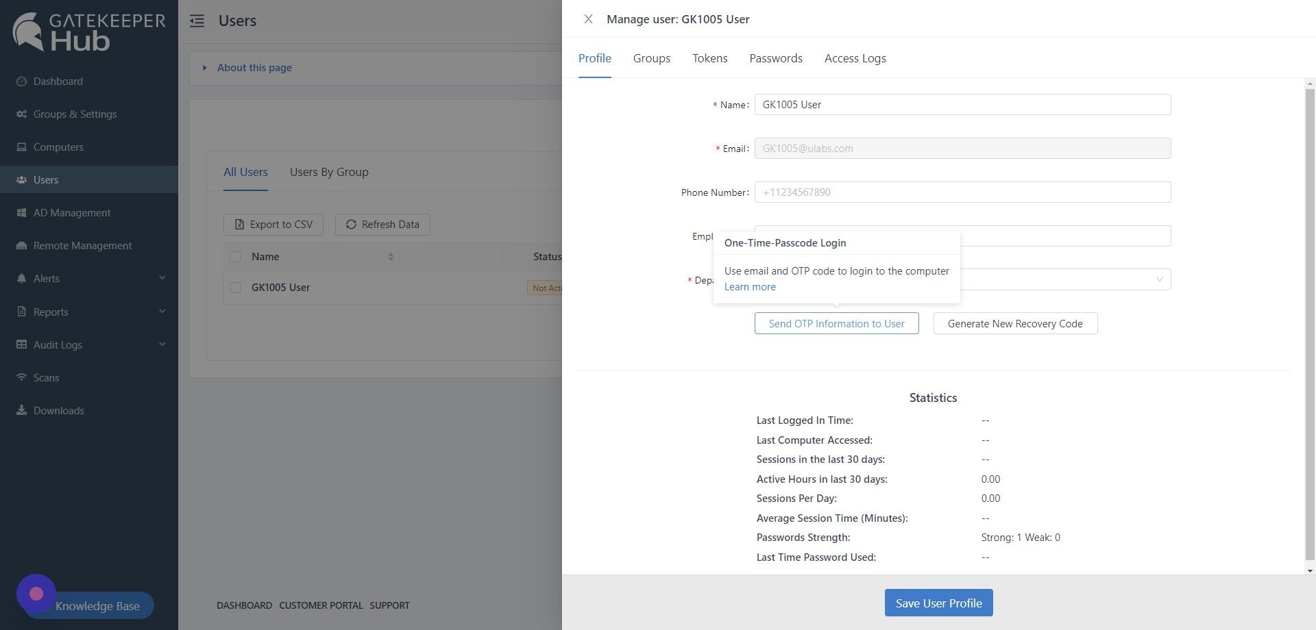Screenshot of: Click "Send OTP Information to User"