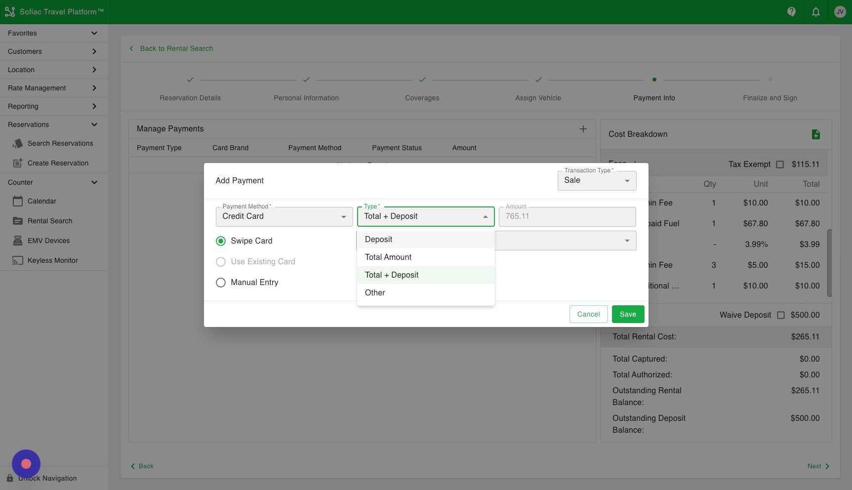 Screenshot of: You can adjust the amount to charge by changing the type dropdown. The default option selected will be determined by your company.