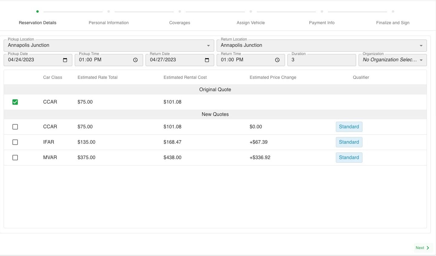 Screenshot of: On the first page all the reservation details will be populated including dates times and the selected vehicle. You can click next to go to the next screen.