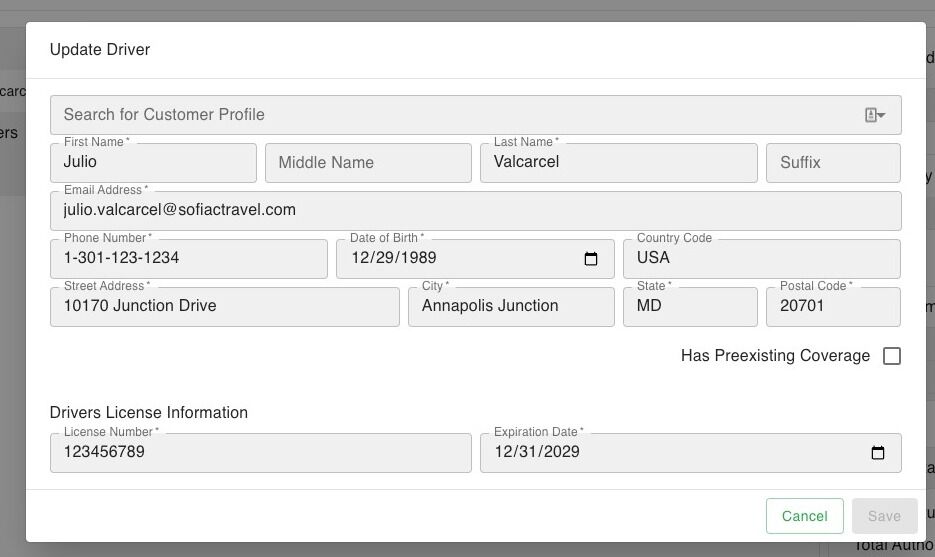 Screenshot of: On the driver screen you can correct any information that is incorrect and then close the model by click Save if you updated their information or just cancel if it is all accurate.