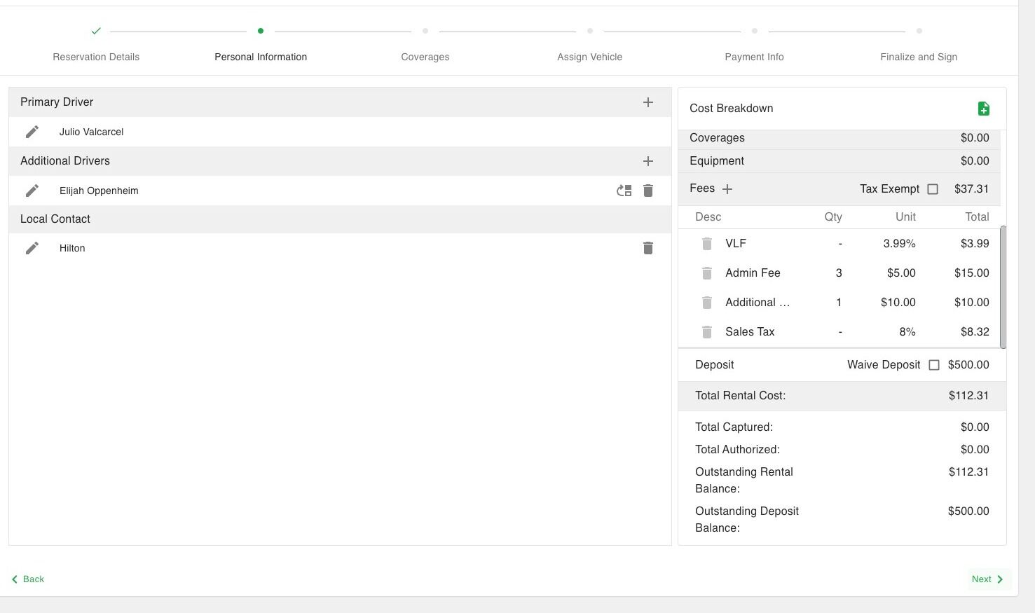 Screenshot of: Once all drivers and contact info is added, click next to go to the next page.