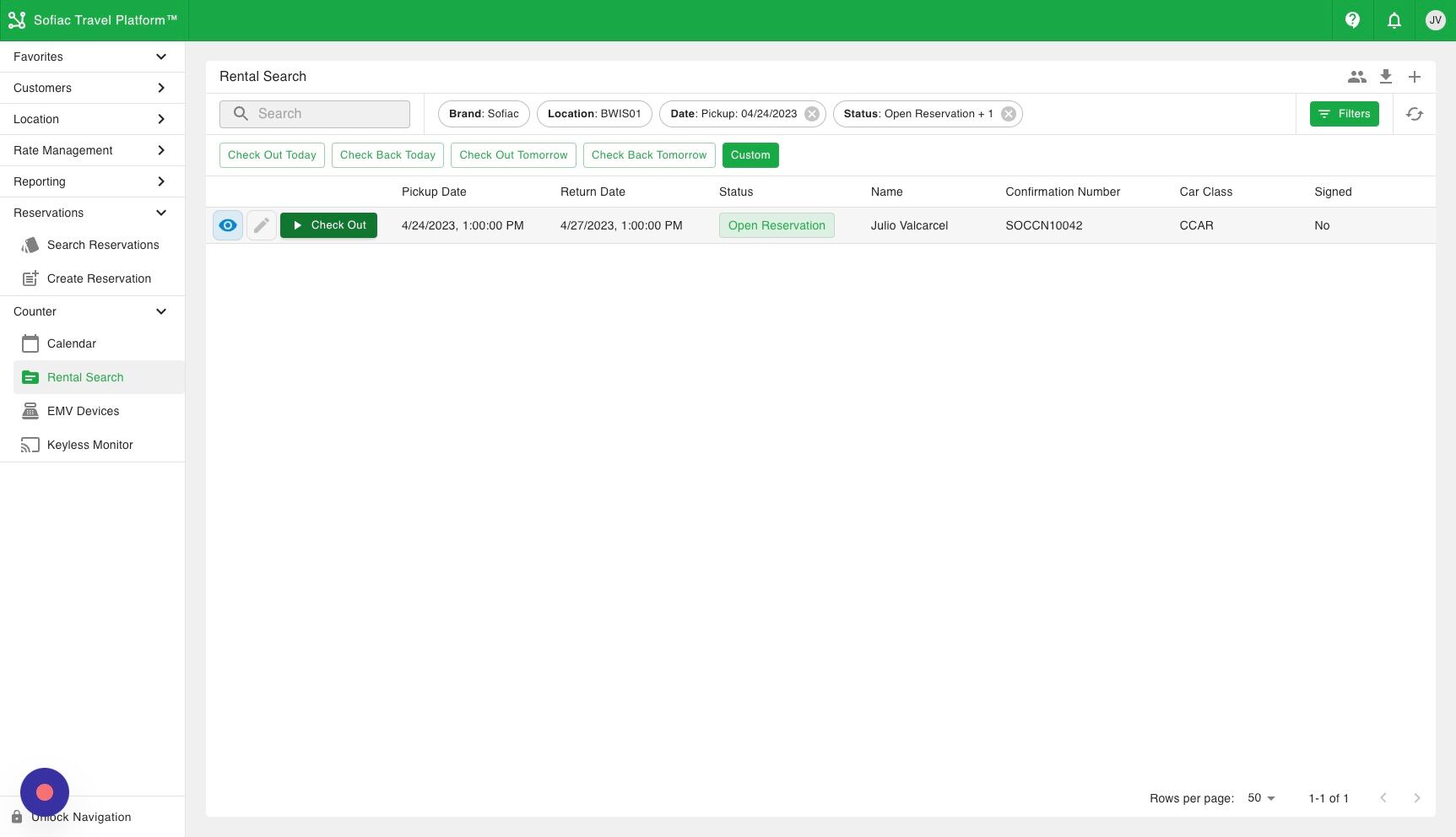 Screenshot of: On the Rental Search page search you can select the Check Out button for any existing reservation to launch into the Check Out Process
