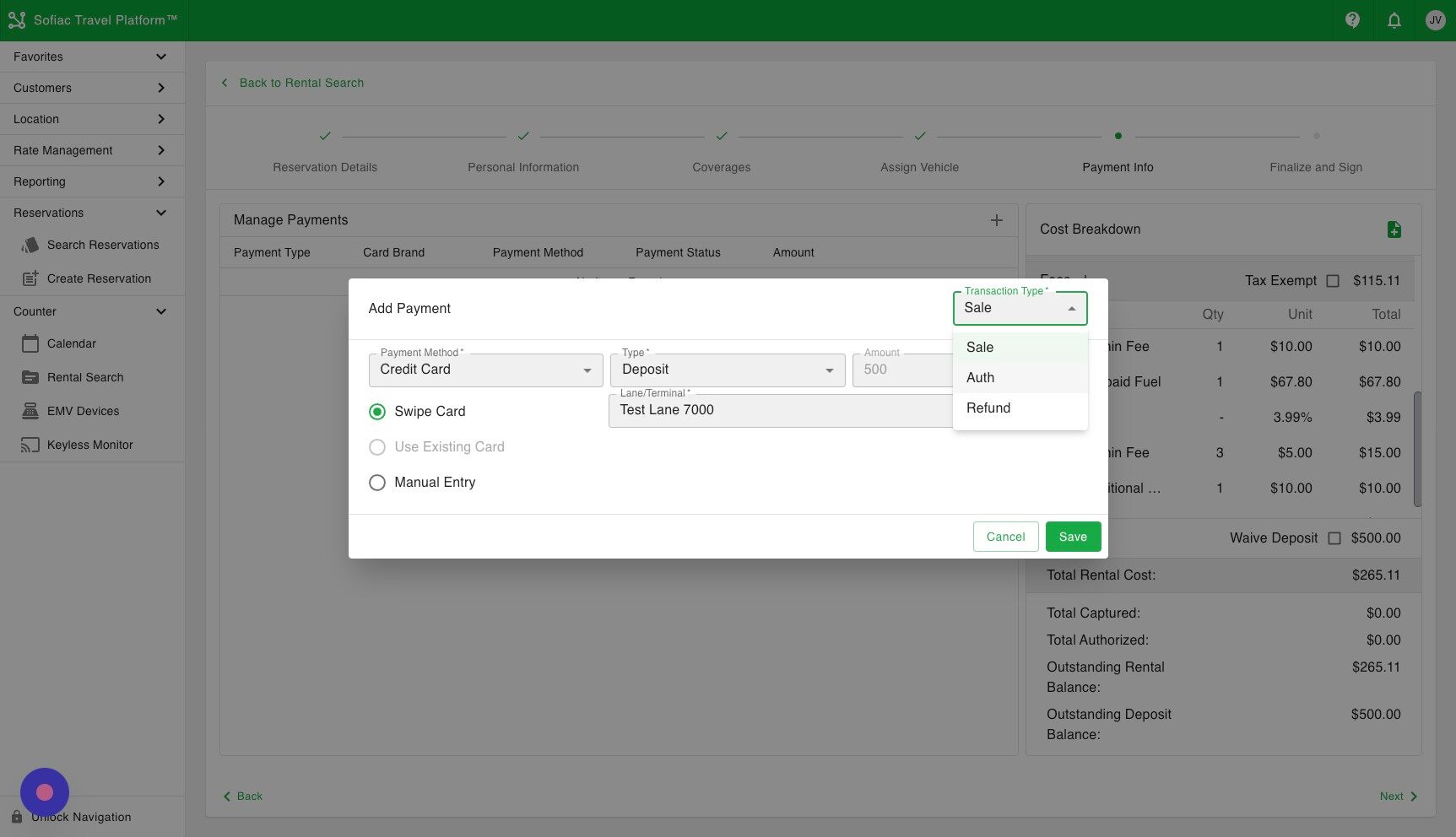 Screenshot of: You can also change the transaction type to process an authorization or sale.