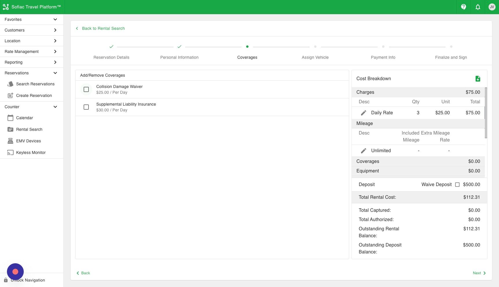 Screenshot of: If the renter has no insurance or is purchasing coverage you can add the coverage in this step.