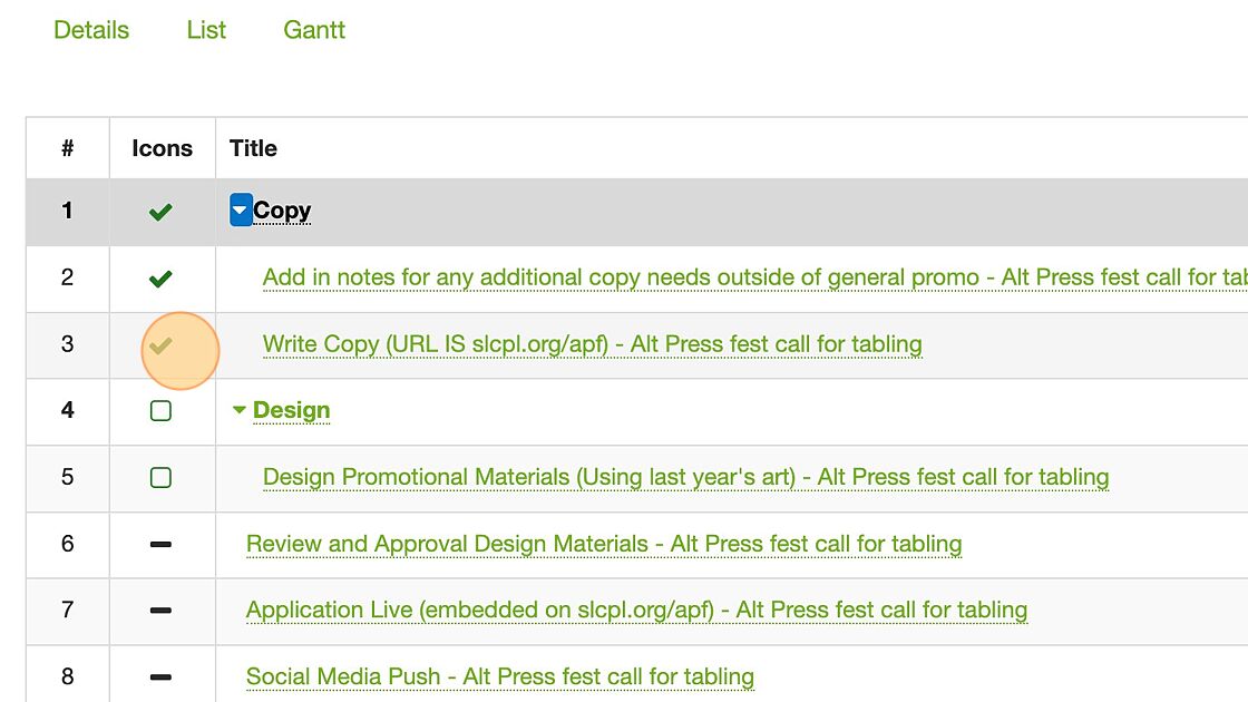 Screenshot of: The Icons to the left of the title of the tasks are a visual shorthand to see the standing of the task.
- A green check mark indicates the task has been completed,
- A green box indicates that it's time to do that task,
- The black bar indicates that the task has not been started and the time to do the task has not yet passed,
- A red circle indicates that the task is overdue,
- A yellow triangle with an exclamation mark in the center means that the task has been delayed (because a previous task is overdue and that task, which we refer to as a "predecessor", needs to be completed before this task can be completed),
- Finally, you can see a symbol for "Milestones" these will be utilized in larger projects, and will not often be seen on Marketing Projects, but they are benchmarks in a project.