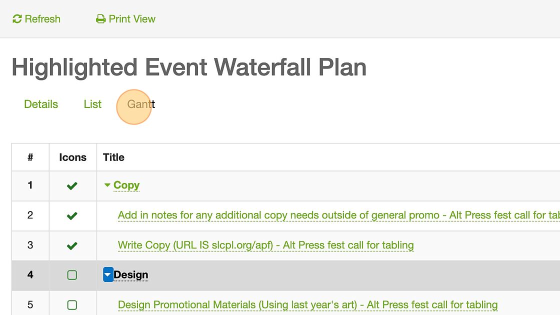 Screenshot of: If you want to see the tasks in a Gantt chart, click on "Gantt".