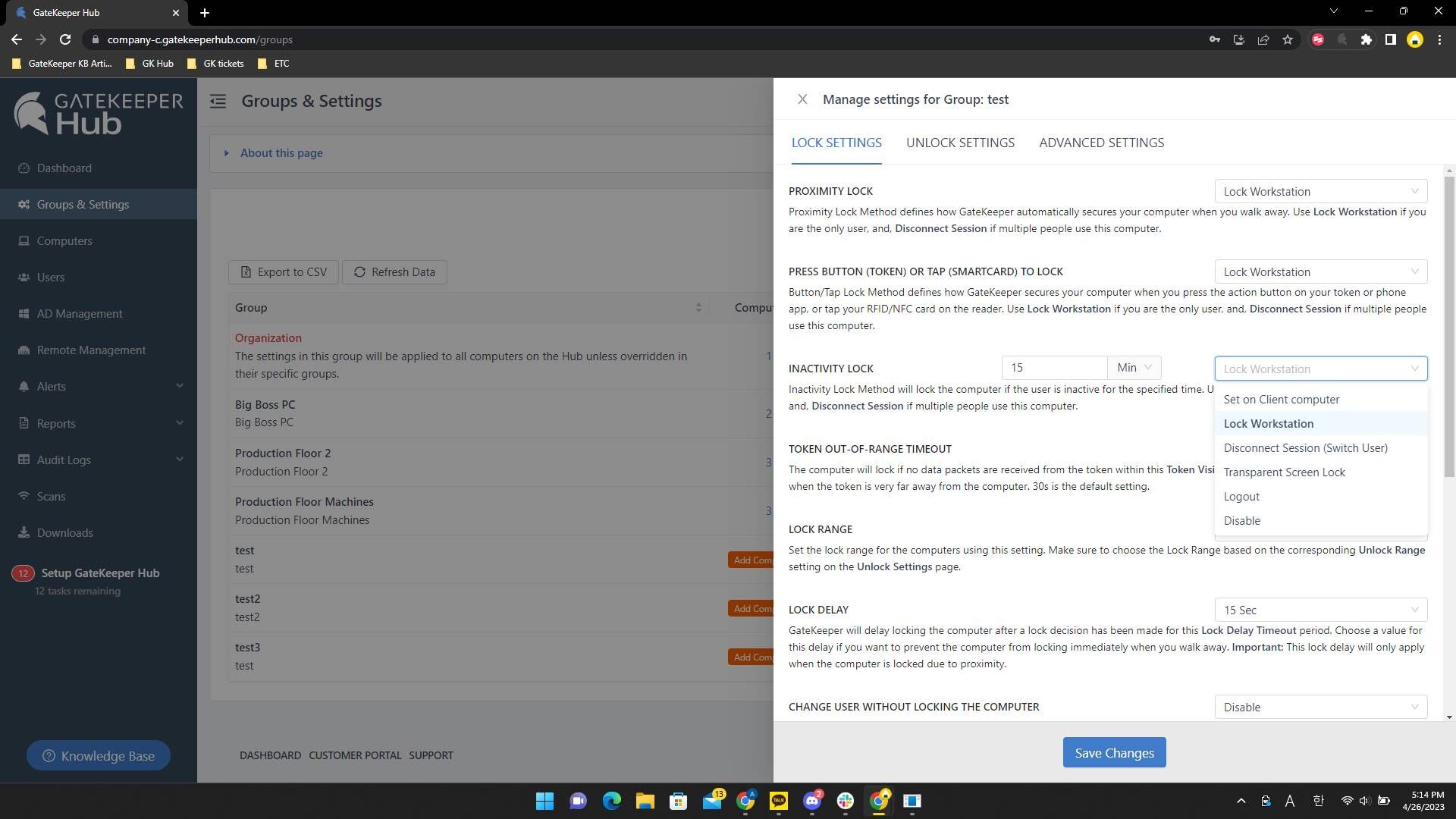 Screenshot of: Click and set options