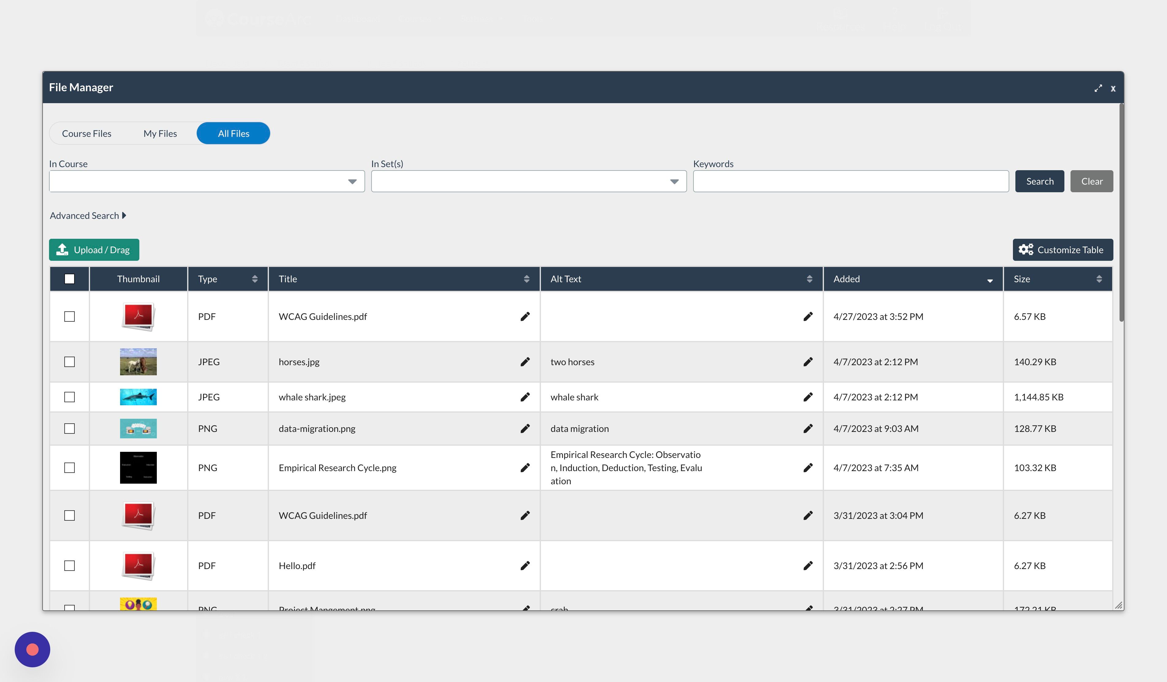Screenshot of: The File Manager displays files that have been uploaded and also allows uploading additional files. To upload a file, select the Upload/Drag button or drag a file anywhere in the File Manager window.