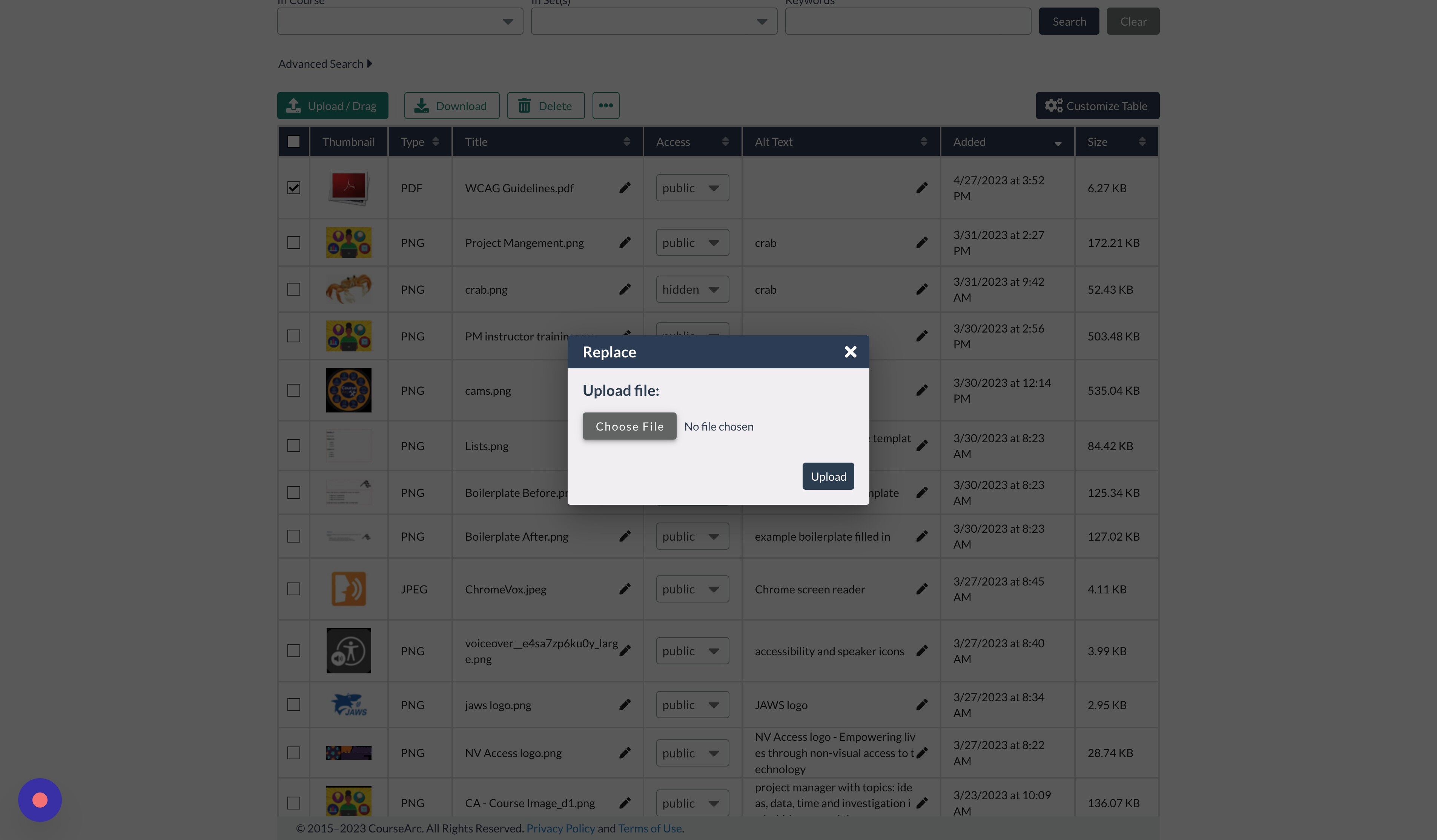 Screenshot of: Select "Choose File" and locate the new file you want to use.