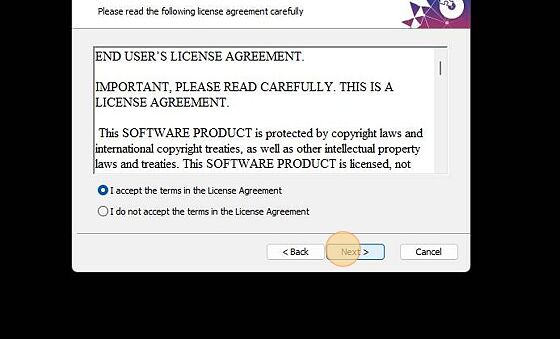 Screenshot of: Click 'I accept the terms in the License Agreement' and click next.