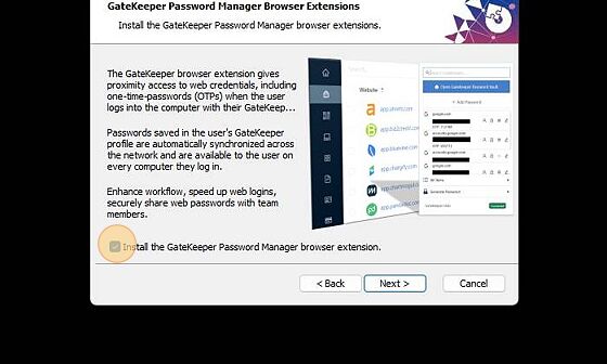 Screenshot of: Uncheck the 'Install the GateKeeper Password Manager browser extensiton.'